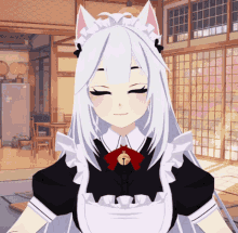 a maid with white hair and cat ears is standing in a room with her eyes closed