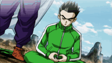 a cartoon of a man in a green jacket sitting on the ground