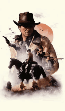 a man in a cowboy hat is riding a horse while holding a gun