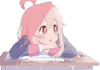 a girl with pink hair sits at a desk with a eraser on it