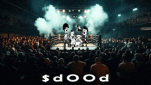 a crowd of people watching a boxing match with the word poop in white letters