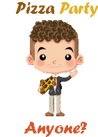 a cartoon of a boy holding a slice of pizza with the words pizza party anyone below him