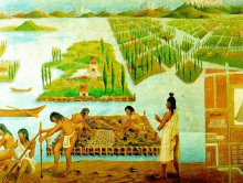 a painting of native americans working on a raft in a lake