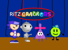 a group of cartoon characters stand in front of a sign that says ritz crackers