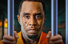 a man in a jail cell with a tear coming out of his eye