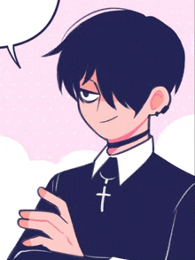 a cartoon character with a choker and a cross on his neck