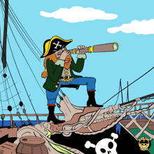 a cartoon of a pirate looking through a telescope with the words black flag pirates on the bottom