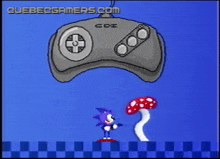 a cartoon of sonic the hedgehog standing next to a mushroom with the website quebecgamers.com on the bottom