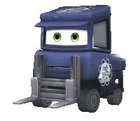 a blue toy truck with a forklift and a sticker that says ' mack cargo '