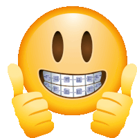 a smiley face with braces on its teeth gives a thumbs up