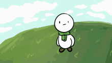 a cartoon character wearing a green scarf stands in a field