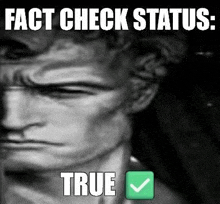 a black and white photo of a statue of a man with the words `` fact check status : true '' written on it .