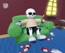 a cartoon character sitting on a green chair holding a bottle of ketchup