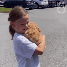 a little girl is holding a small brown puppy in her arms and the word puppy is visible in the corner