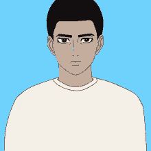 a cartoon drawing of a man with a white shirt on against a blue background