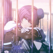 a girl with purple hair and blue eyes is sitting behind bars