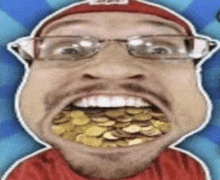 a man with glasses and a beard is eating coins with his mouth open .