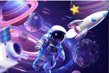 an astronaut is flying through space with planets and a rocket behind him