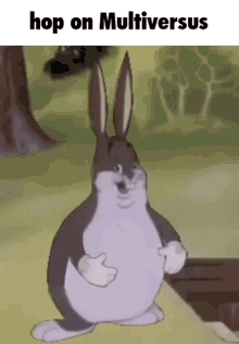 a cartoon of a bunny giving a thumbs up with the caption " hop on multiversus "