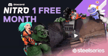 a discord nitro 1 free month advertisement with a monster and a girl