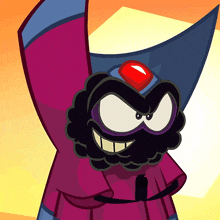 a cartoon character with a purple cape and a red jewel on his head