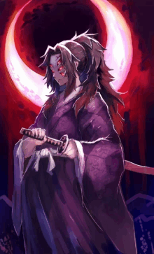 a man in a purple robe holding a sword in front of a crescent moon