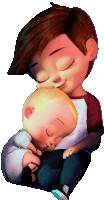 a cartoon boy is holding a baby in his lap