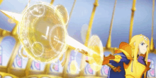 a girl in a yellow and blue outfit is holding a sword in front of a clock .