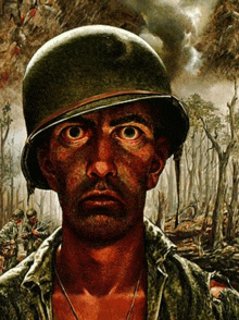 a painting of a soldier wearing a helmet and looking at the camera