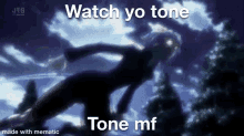 a gif of a person flying through the air with the words `` watch yo tone tone mf '' written on it .