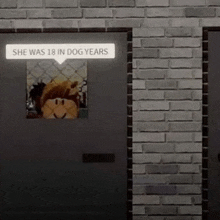 a brick wall with a sign that says `` she was 18 in dog years '' .