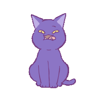 a purple cat with yellow eyes is sitting down