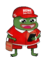 a frog wearing a rewe dein markt hat holds a tablet