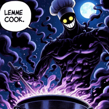 a cartoon character with a chef 's hat and a speech bubble that says " lemme cook "