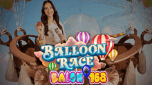 a woman in a hot air balloon with the words balloon race