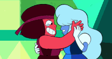 a cartoon of ruby and sapphire hugging each other on a green background