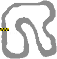 a pixel art drawing of a race track with a yellow and black checkered flag .