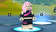 a lego girl with pink hair is standing on a blue platform