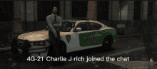 a man standing next to a green and white police car that says security