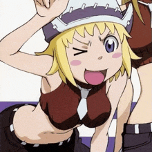 a cartoon girl with blonde hair and a purple hat is making a funny face