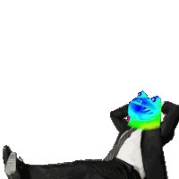 a man in a suit is laying down with his feet up and a frog on his head