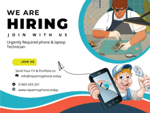 an advertisement for a phone and laptop technician that is hiring