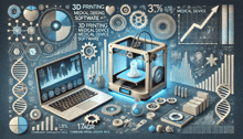 a 3d printer is surrounded by gears and graphs with the words 3d printing medical device software