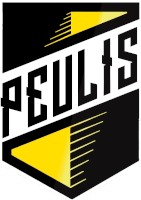 a black and yellow shield with the word peulis in white letters