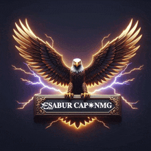 a bald eagle is surrounded by lightning and a sign that says sabur capnmg