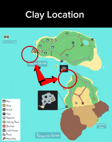 a map showing the location of the clay location on finlay island