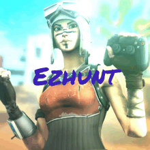 a video game character is holding a controller and the words ezhunt are visible