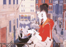 a painting of a woman looking at a gondola in a city