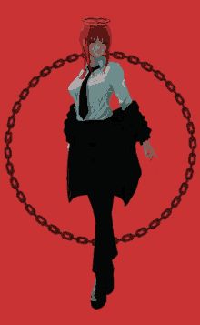 a girl with a halo on her head is surrounded by chains on a red background