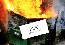 a green dumpster is on fire and a connectwise logo is displayed in front of it